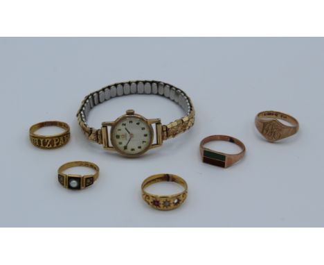 Five gold rings and an Omega ladies wristwatch. Mizpah ring, size N, 18 ct, 2.94gm, Victorian seed pearl and enamel ring, lea