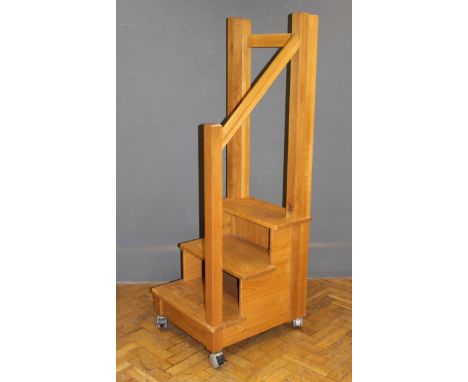 A set of 20th century light oak three tread library steps. 173 x 61 x 67cm