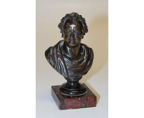 Otto Gradler ( German 1836-1921) A hollow cast bronze bust of Beethoven, signed to reverse, raised on marble plinth. 17cm hig