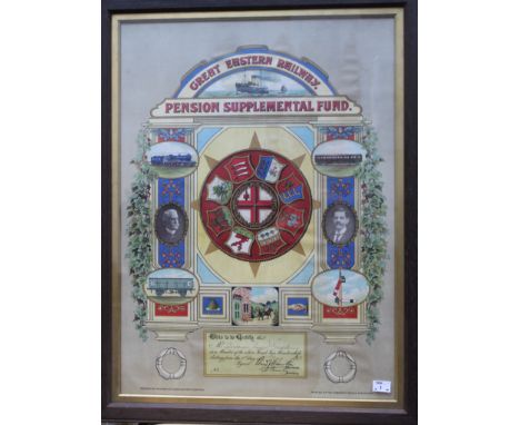 A framed citation ' Great Eastern Railway' Pension Supplement Fund in full colours 1918. Several interesting Train/ Railway i