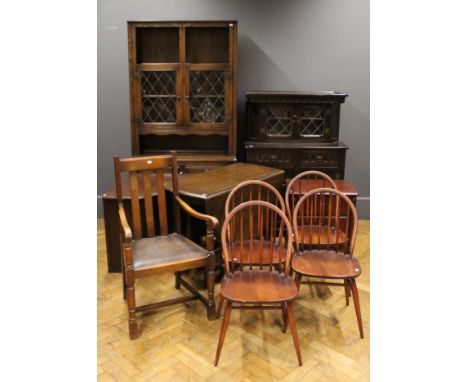 A group of reproduction dining and other furniture, including a gateleg table, 75 x 107 x 153cm (open), four Ercol stick back