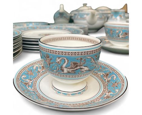  A large 6 piece Wedgwood Turquoise Florentine Dinner / Tea service comprising of tureens, tea pot, coffee and tea cups & sau
