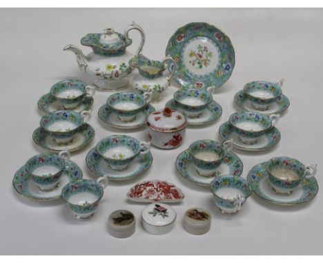 A 19th century twenty-five piece Davenport tea service, with hand coloured floral transfer decoration, a Herend porcelain cov