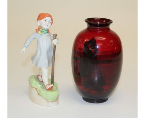 A Royal Doulton flambe vase, decorated with silhouettes of shipping. 15cm high, together with a Royal Worcester figure ' Thur