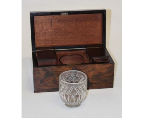 A Victorian rosewood tea caddy, with twin lidded interior and associated glass. 31cm wide