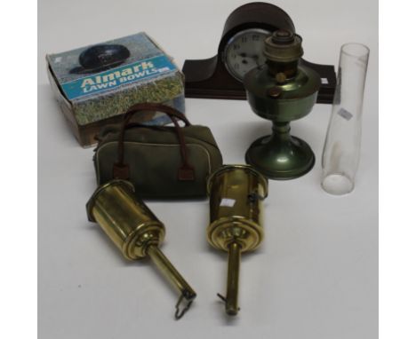 &nbsp;A mixed lot, including a ' Napoleon hat' mantle clock with gong striking movement, two brass clockwork spits, a paraffi