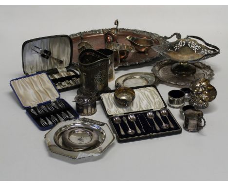 A coolection of silver plate to include coffee spoons, sugar tongs, dessert spoons and forks, condiment ladle, asparagus tong