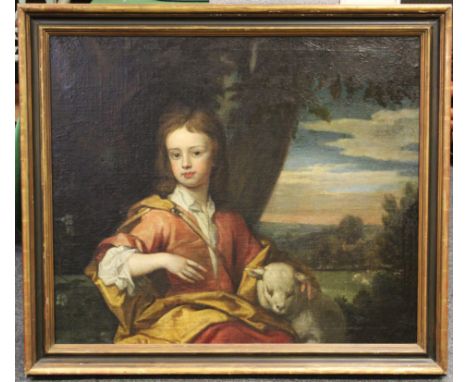 After Michael Dahl, portrait of a boy, seated half length, with a lamb, before drapery and an extensive landscape. Oil on can