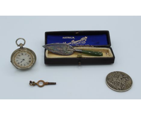 Sterling silver bookmark with New Zealand jade handle in original box together with a silver ladies fob watch and key (at fau