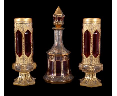  A pair of Bohemian/Czech clear-glass, gilt and ruby flashed and cut slender hexagonal vases  , 28.5cm high;  and a modern cl