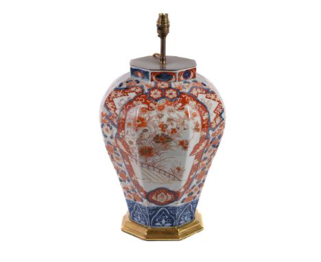  A Japanese Imari octagonal vase,   Meiji Period, mounted as a lamp, the vase approximately 40cm high, overall height includi