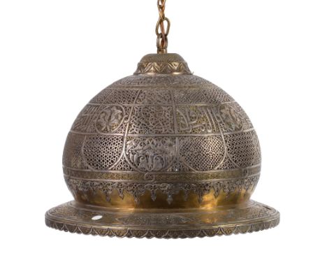  A Mamluk style circular white metal inlaid lamp,   probably Egypt or Syria, 19th century, inlaid with calligraphy and elabor