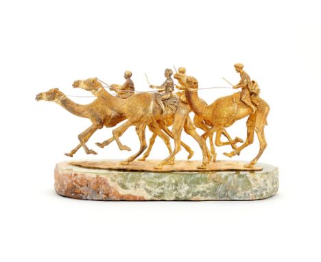  Asprey, a silver gilt model of four racing camels with jockeys up by Asprey  &  Co.,   London 1982, the race under way, on a