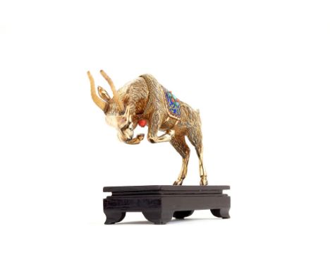 Ω A silver coloured gilt and enamel model of a billy goat, stamped Silver and 19 only, possibly Chinese, late 20th century, m