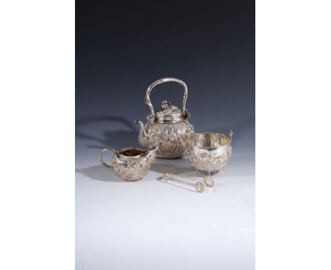  A Japanese silver four piece tea service,   three incuse chop  marks and jungin (pure silver), Meiji period, circa 1890, the