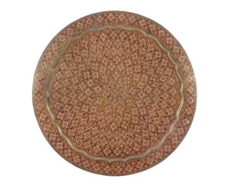  A large Middle Eastern circular tray,   circa 1900 or later, with enamel decoration, with hook for wall suspension, 77cm dia