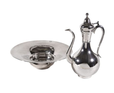  A Turkish silver coloured rosewater ewer and basin,   stamped   GUL 900  , late 20th century, with a ball finial to the ogee