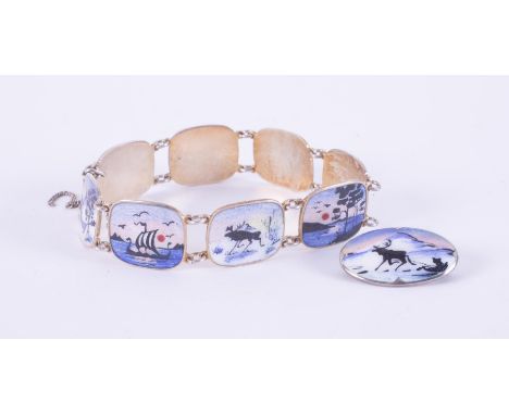 A sterling silver Norwegian mid century bracelet and matching brooch with guiloche enamel scenic Scandinavian images, (2).