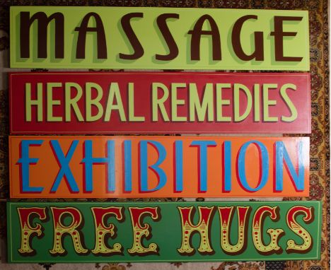 An original signwriters sign, hand painted in oil based enamel paint, the base colours mainly in oil based gloss on wood to i