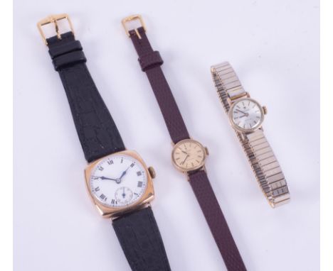 Three watches including a square faced gold? watch on black leather strap, 30.32gm and two Tissot gold? faced small round fac