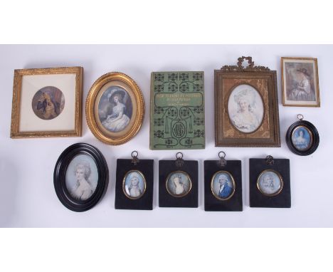 A circular portrait watercolour also with a collection of various other portraits some prints in 19th Century frames together