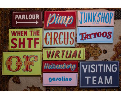 An original signwriters sign, hand painted in oil based enamel paint, the base colours mainly in oil based gloss on wood to i