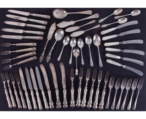 Various flatware including desert set knives &amp; forks with silver handles, silver cake fork, mother of pearl handled butte