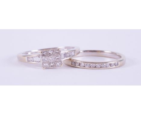 Two rings to include an 18ct white gold wedding band set with 0.10 carats of round brilliant cut diamonds, 2.10gm, size L and