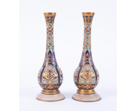 A pair of cloisonné and enamel small bottle vases (damaged base), height 15.5cm.