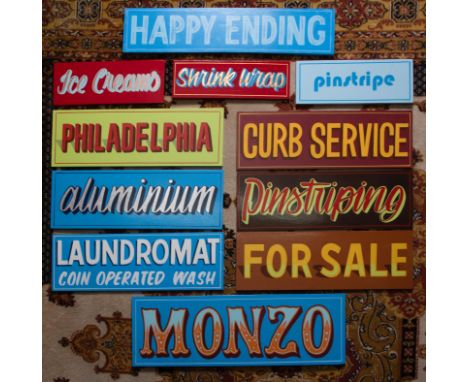 An original signwriters sign, hand painted in oil based enamel paint, the base colours mainly in oil based gloss on wood to i