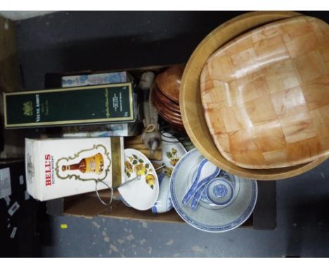 A good mixed lot to include tableware cruet sets and serving bowls, a Bells Scotch Whisky celebration bottle, unopened in the