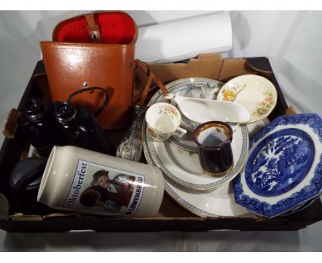 A good mixed lot to include Regentlux 10 x 50 binoculars, vintage cameras, German steins and a quantity of ceramic tableware,