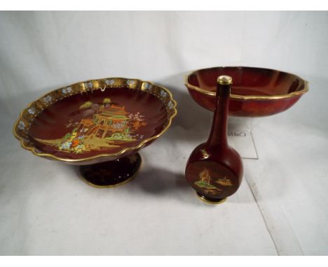 Carlton Ware - three pieces of Rouge Royale comprising a tazza decorated with a pergoda, 12 cm (h), a solifleur vase 18.5 cm 