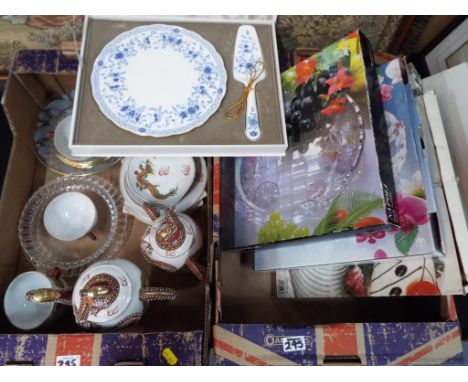 Two boxes containing a mixed lot of glassware and ceramics to include a Japanese coffee set with relief decoration and gilded