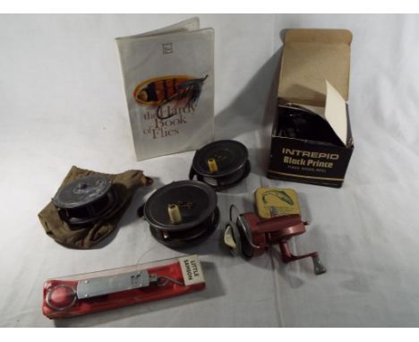 A collection of fishing items to include five vintage fishing reels comprising Intrepid Black Prince, Truspin by K P Morritt,
