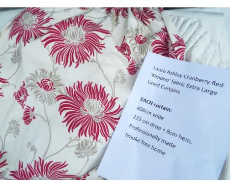 A set of Laura Ashley cranberry red Kimono fabric extra large lined curtains each approx 408cms wide and 223cm drop with an 8