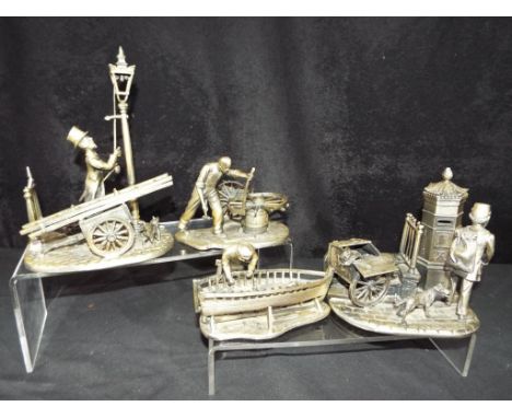 Four cast pewter figures from the Evergreen collection to include Lamp Lighter, Boat Builder, Wheel Right and Postman [4], Es