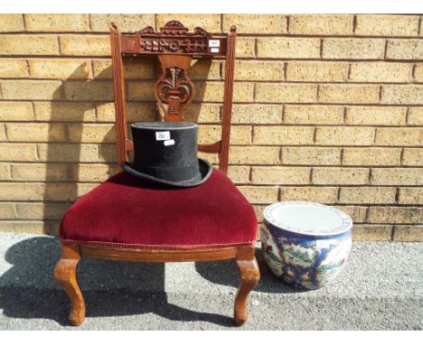Bedroom chair with decoratively carved back and upholstered seat, Oriental ceramic bowl/jardiniere approximately 20 cm [h] an