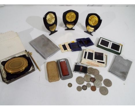 A good mixed lot to include a small quantity of picture slides, white metal cigarette case, white metal driving license and i