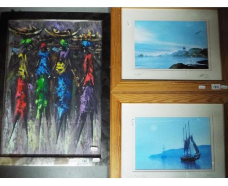 A lot to include a framed tribal picture, signed by the artist lower right and two limited edition prints, mounted and framed