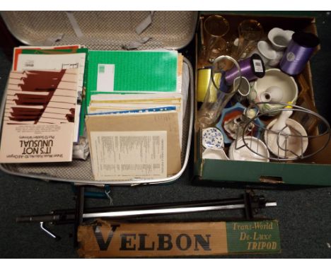 A lot to include vintage suitcase, a quantity of sheet music, ceramics, glassware, folding artists easel and boxed Velbon tri
