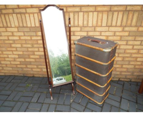A mahogany framed cheval mirror and a large shipping trunk with wood banding [2]