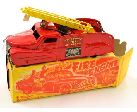 Louis Marx (Great Britain) Fire Engine featuring water container and hose, pressed steel with plastic three piece ladder and 