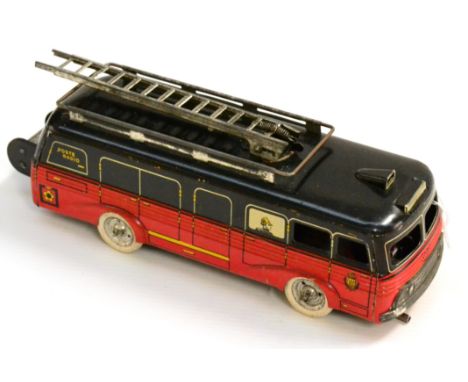 Charles Rossignol C/w Fire Engine in red/black with lithographed figures to windows, two piece ladder with spring, rear hose 