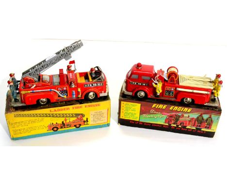 Linemar (Japan) Fire Engine battery powered with flashing light and siren with three figures riding the engine (E-G box G) No