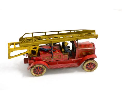 Distler C/w Fire Engine with five tin figures (one missing), two piece ladder and registration JD 1614 12'', 30cm (G, some di