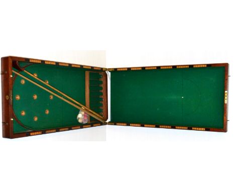 Mahogany Cased Bar Billiard Type Game with folding outer case with rows of peg holes to sides 6', 183cm long covered with gre