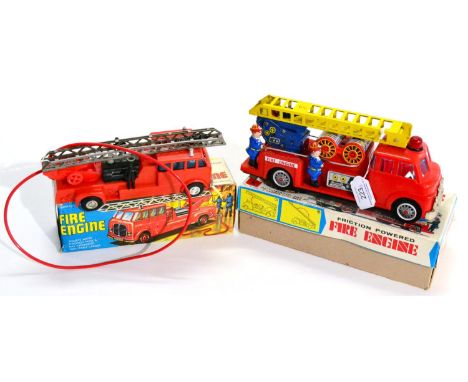 K (Japan) Friction Fire Engine plastic with raising ladder and five figures 10'', 26cm (E box G-E) Hong Kong plastic friction