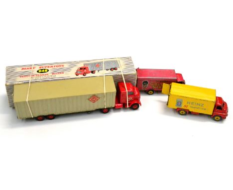 Dinky 948 McLeans Tractor Trailer (G-E box G-F, a little worn) together with a Guy Golden Shred van and a Bedford Heinz van (