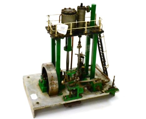 Stuart Double Expansion Vertical Engine on steel base with ladder and gantry 12'', 30cm high (G, lacks one dome cover) 